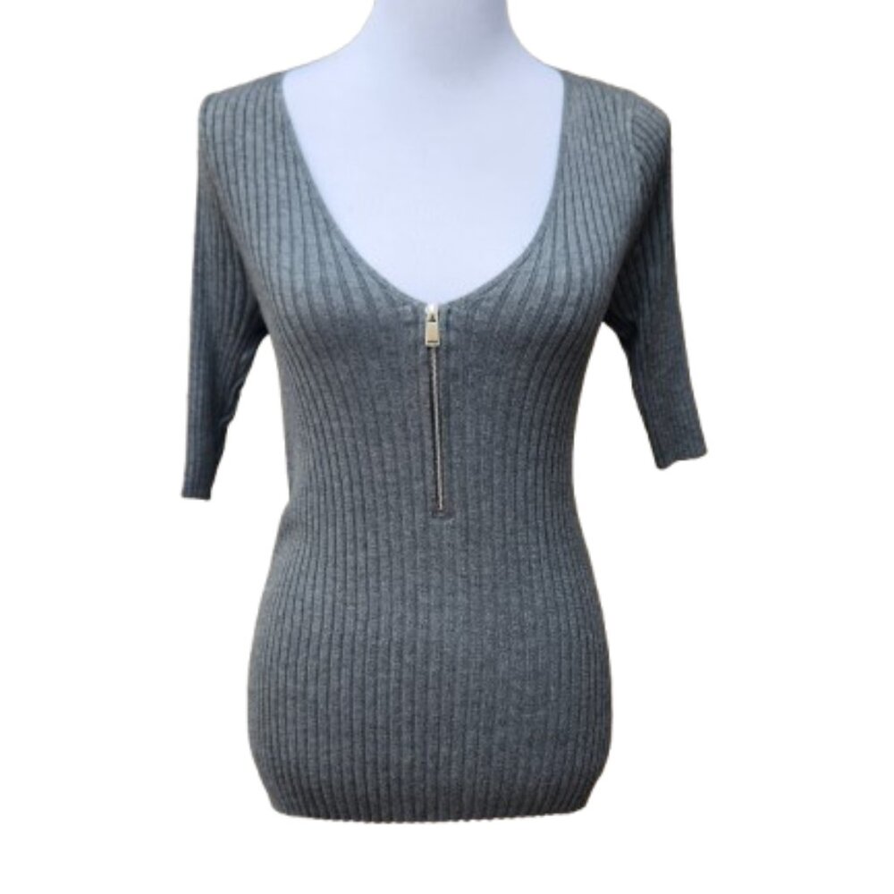 Express Gray Rib-Knit Top Scoop Neck Zipper Accent Elbow Sleeves Sweater